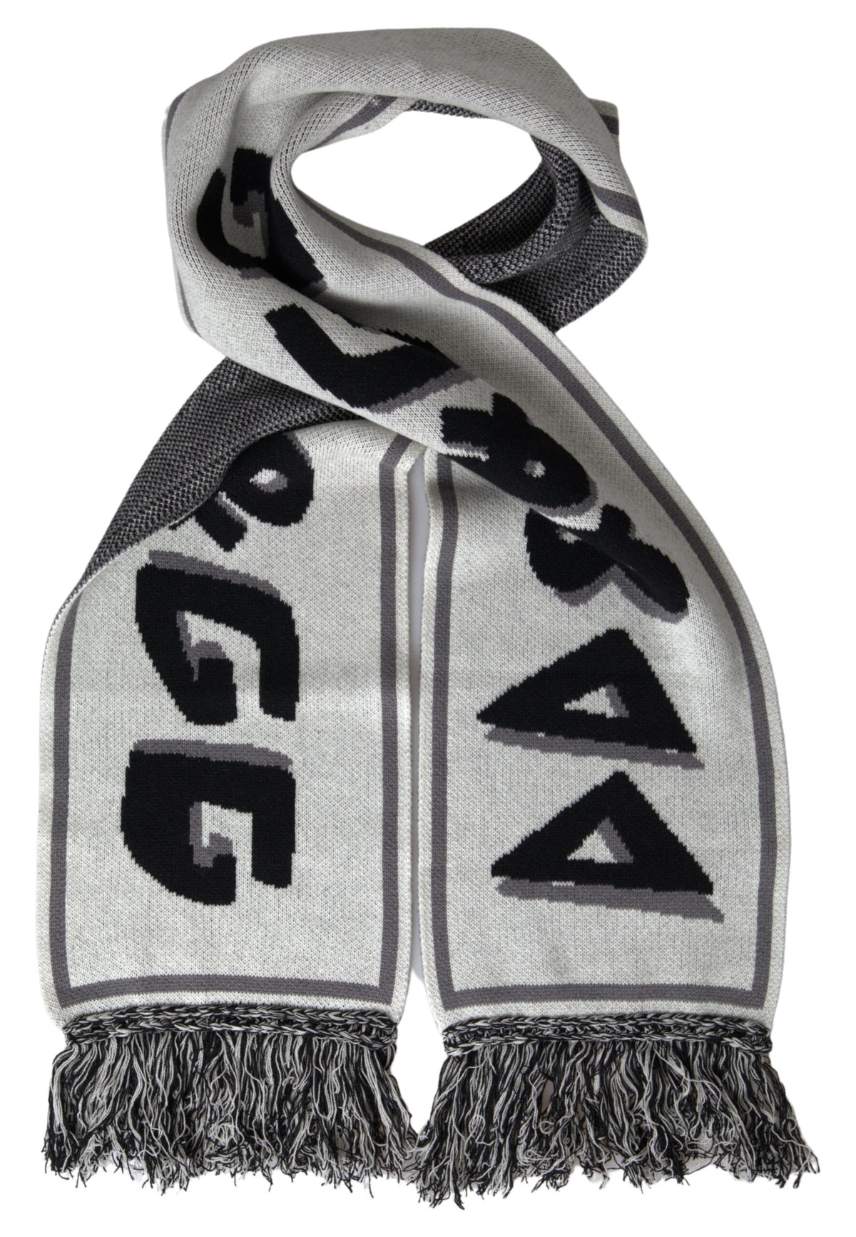 Gray cashmere knitted wrap shawl with fringe, Dolce & Gabbana fashion accessory, showcasing soft, cozy textile and stylish design.