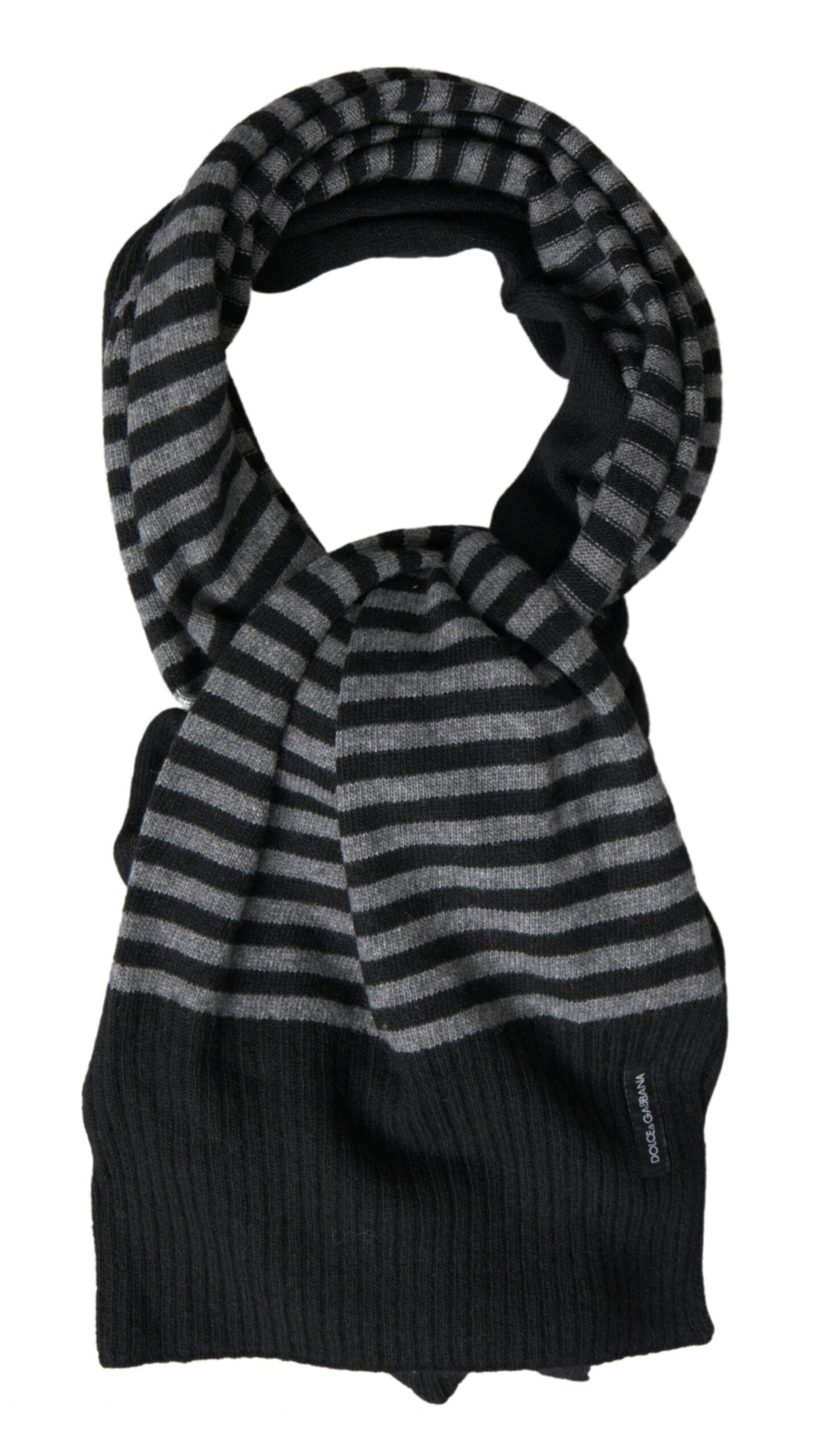 Black and gray striped wool neck wrap shawl by Dolce & Gabbana, featuring soft texture and stylish design.
