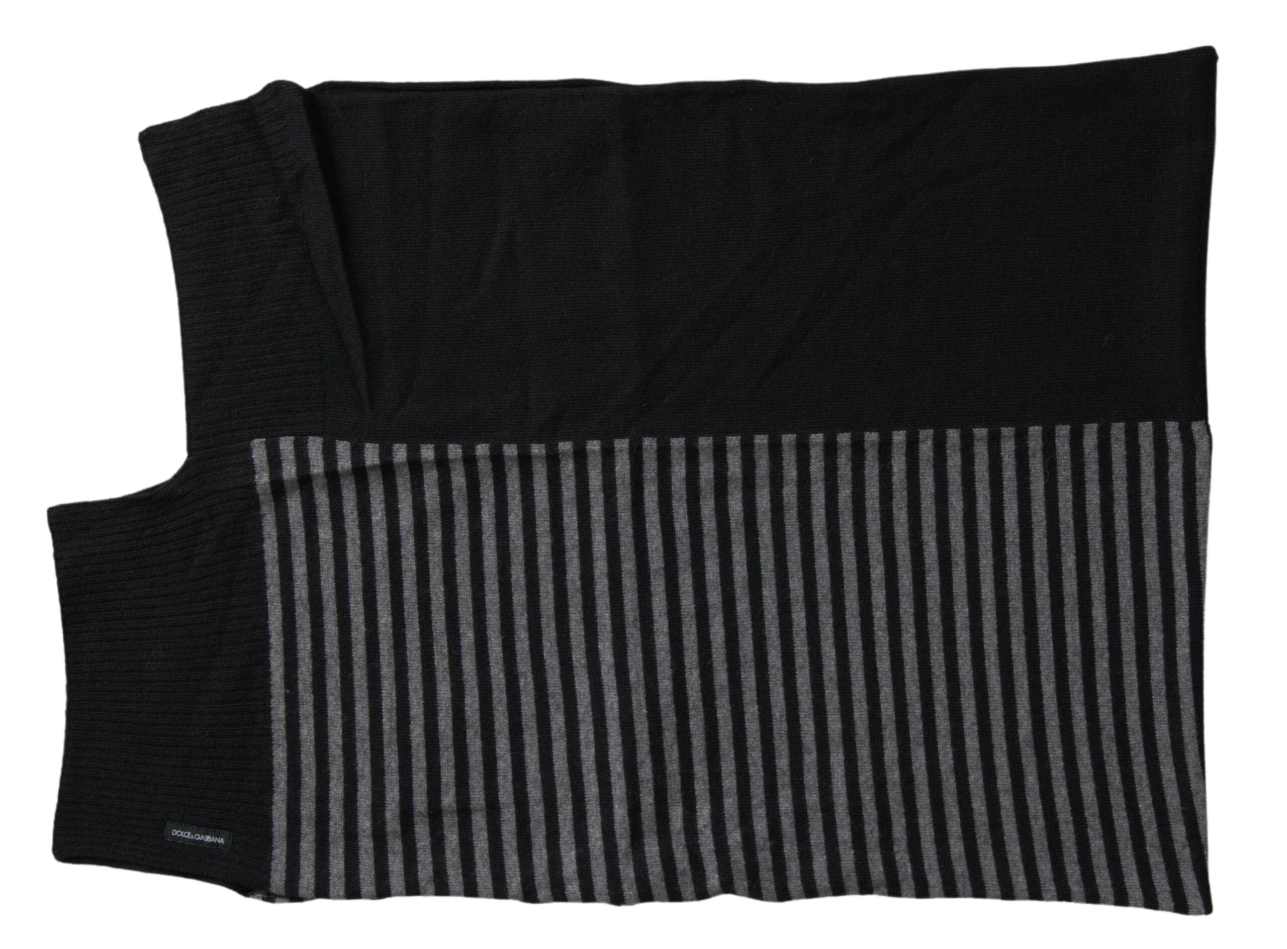 Black and gray stripe wool neck wrap shawl by Dolce & Gabbana draped over a neutral background.