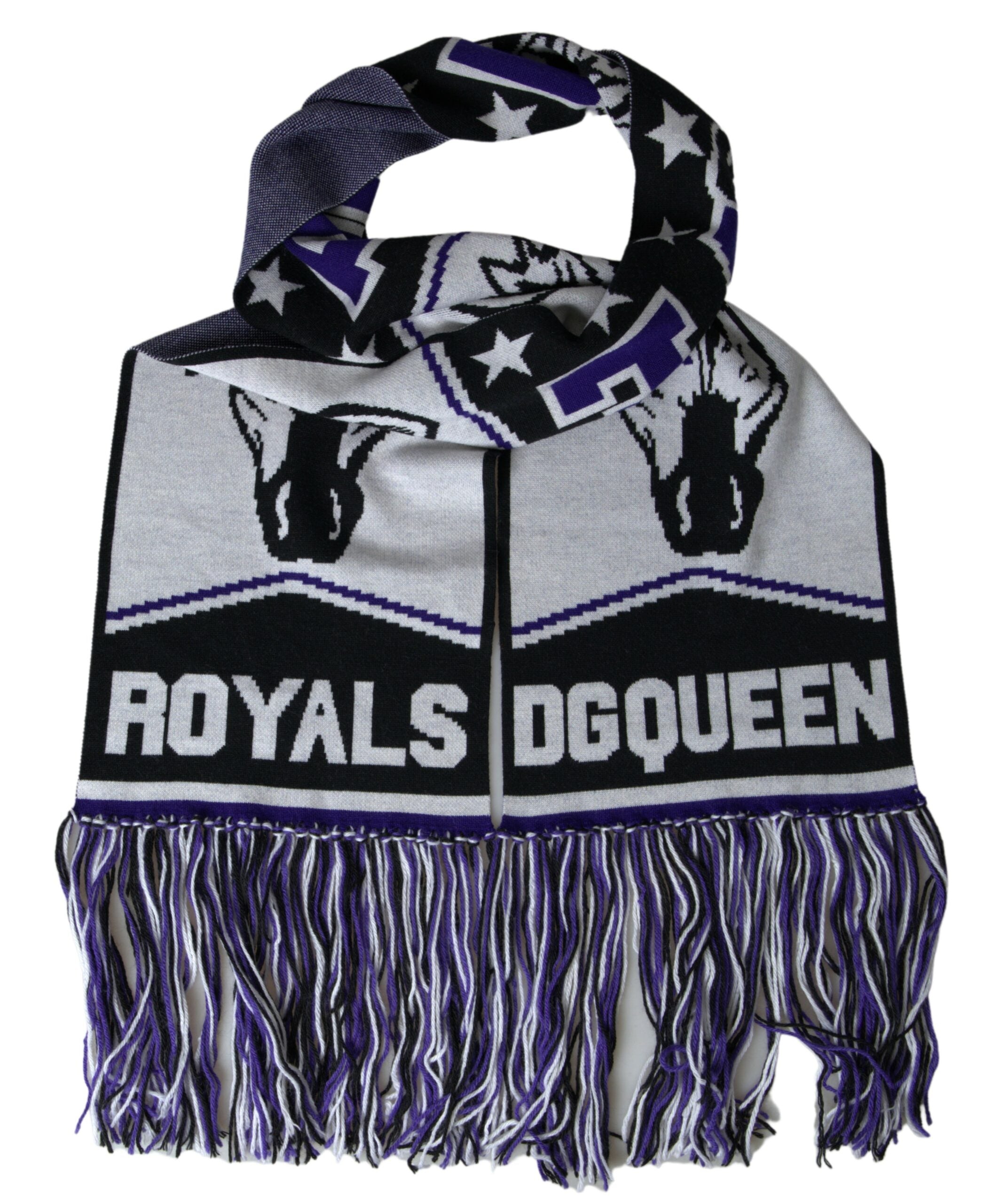 Multicolor wool DG Queen wrap fringe scarf by Dolce & Gabbana featuring vibrant colors and textured fringe details.
