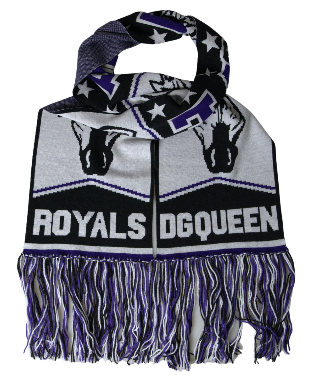Multicolor wool DG Queen wrap fringe scarf by Dolce & Gabbana featuring vibrant colors and textured fringe details.