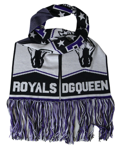 Multicolor wool DG Queen wrap fringe scarf by Dolce & Gabbana featuring vibrant colors and textured fringe details.