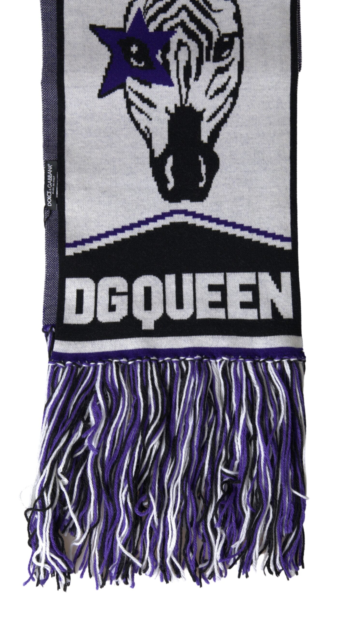 Multicolor wool DG Queen wrap fringe scarf by Dolce & Gabbana, featuring vibrant colors and fringe details.