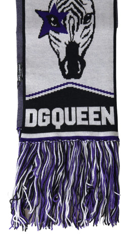 Multicolor wool DG Queen wrap fringe scarf by Dolce & Gabbana, featuring vibrant colors and fringe details.