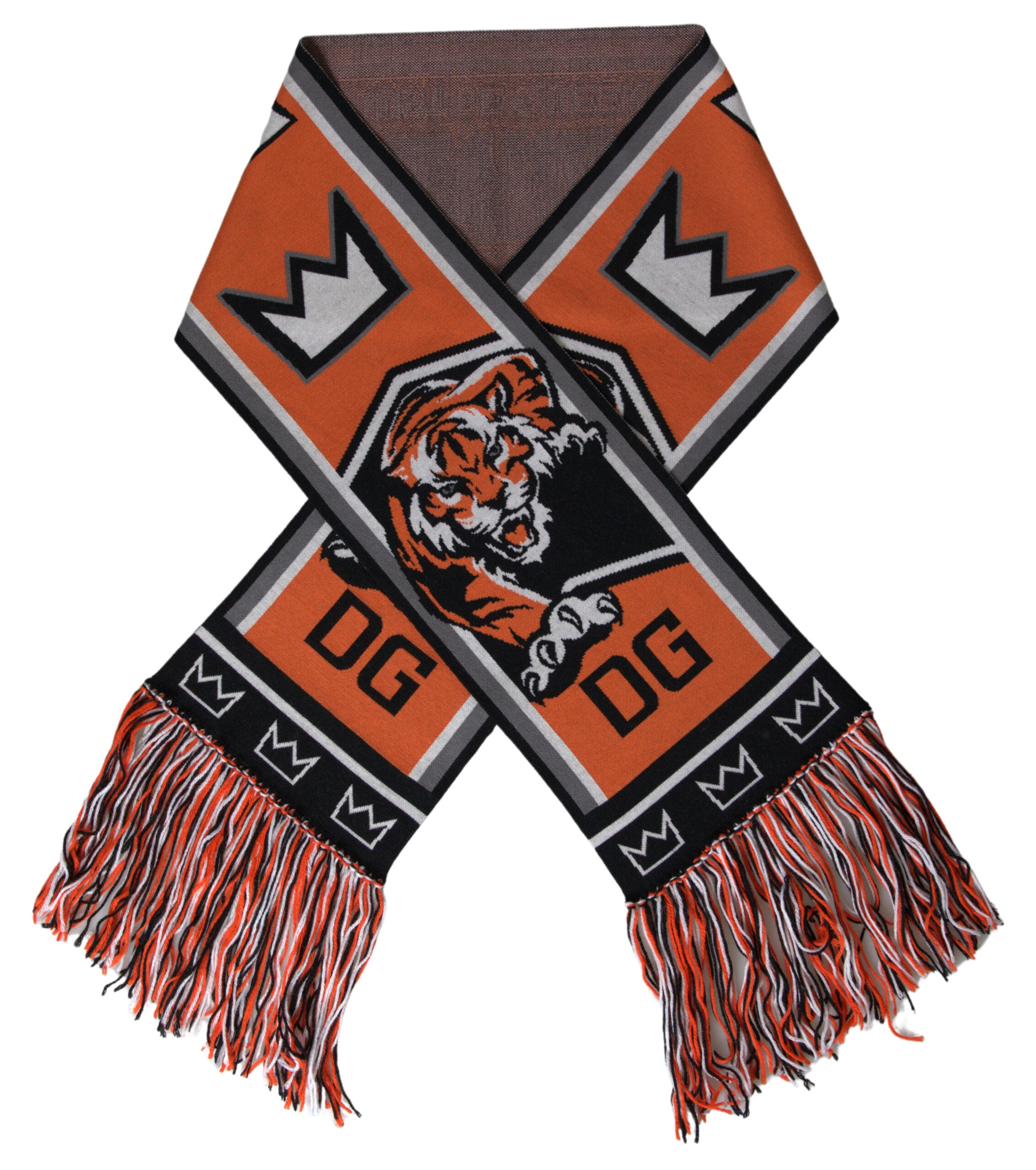 Multicolor wool DG Royals wrap fringe scarf by Dolce & Gabbana, showing vibrant colors and fringed edges.