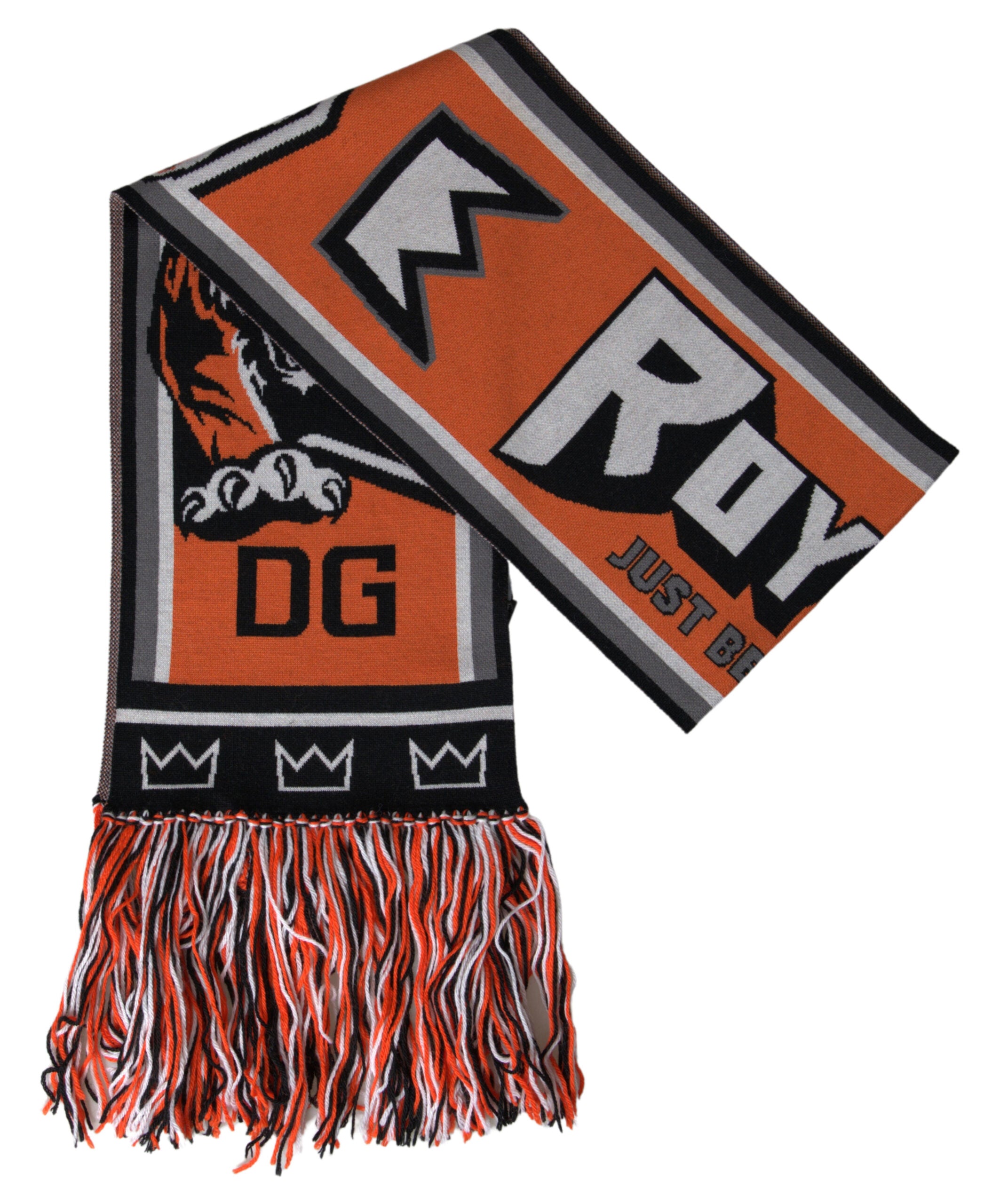 Multicolor wool DG Royals wrap fringe scarf by Dolce & Gabbana, showing vibrant woven fabric with fringed edges.