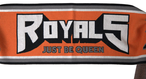 Multicolor wool DG Royals wrap fringe scarf with bold patterns and fringed edges, stylish accessory by Dolce & Gabbana.