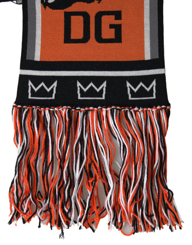 Multicolor wool DG Royals wrap fringe scarf by Dolce & Gabbana showing vibrant colors and fringed edges.