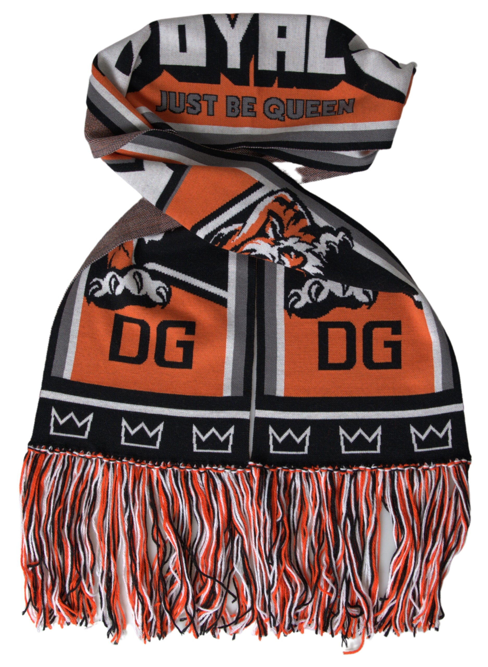 Multicolor wool DG Royals wrap fringe scarf by Dolce & Gabbana with vibrant colors and woven fringe details.