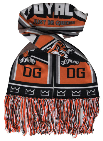 Multicolor wool DG Royals wrap fringe scarf by Dolce & Gabbana with vibrant colors and woven fringe details.
