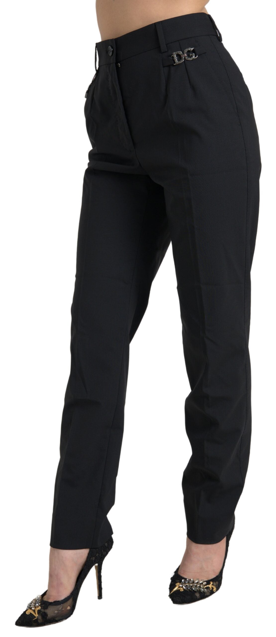 Black wool high waist tapered pants by Dolce & Gabbana, showcasing a tailored fit and sleek silhouette.