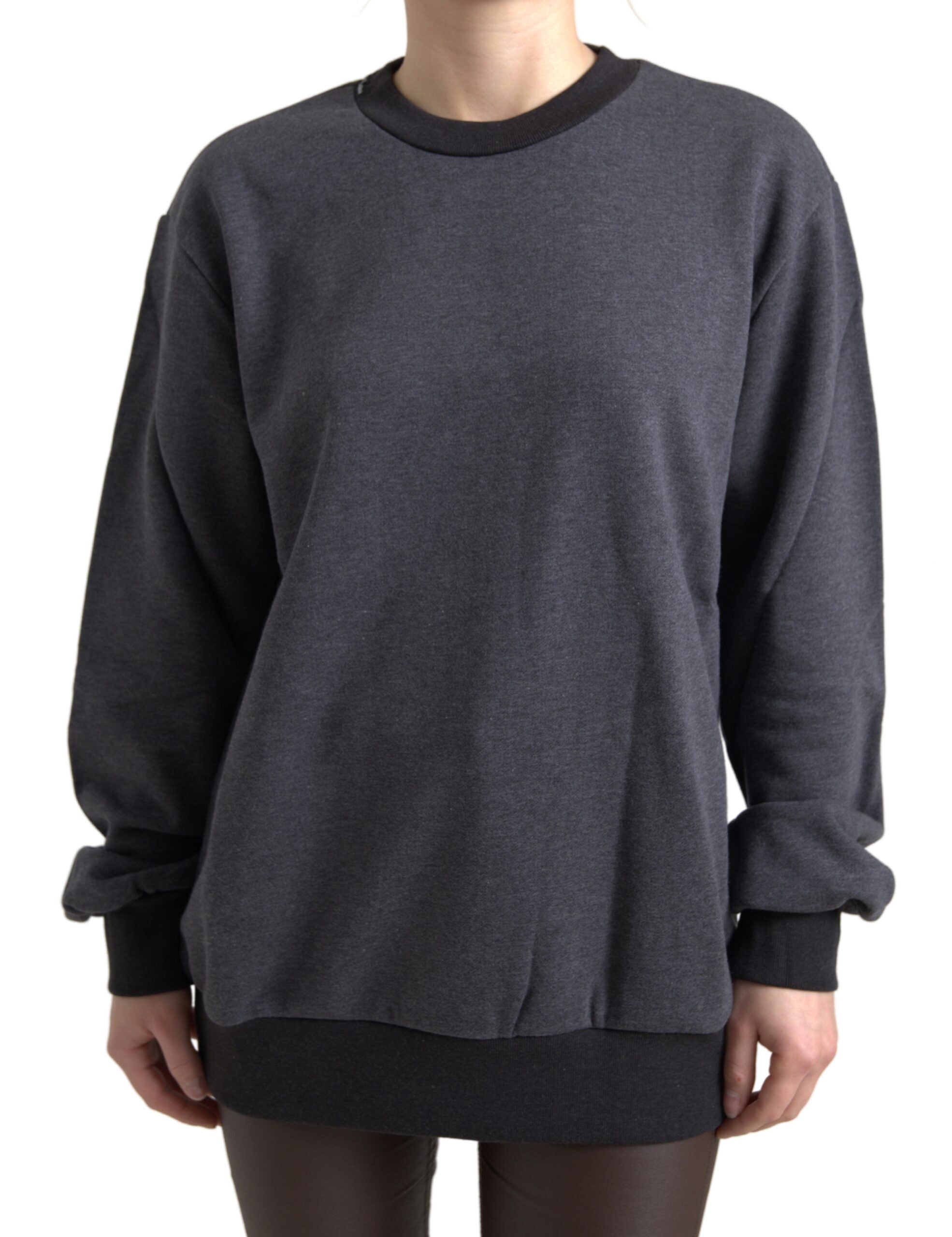 Dark gray cotton crew neck pullover sweater by Dolce & Gabbana, close-up of fabric and neckline detail.