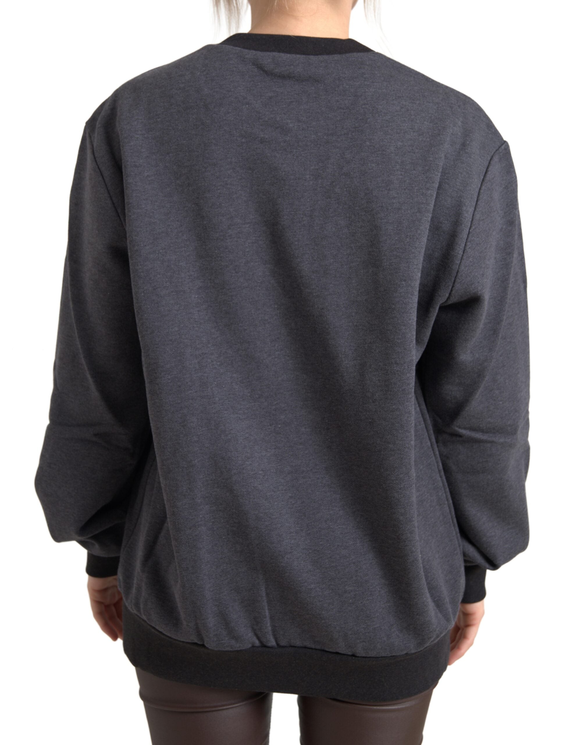 Dark gray cotton crew neck pullover sweater by Dolce & Gabbana displayed on a hanger. Classic, casual knitwear for men.