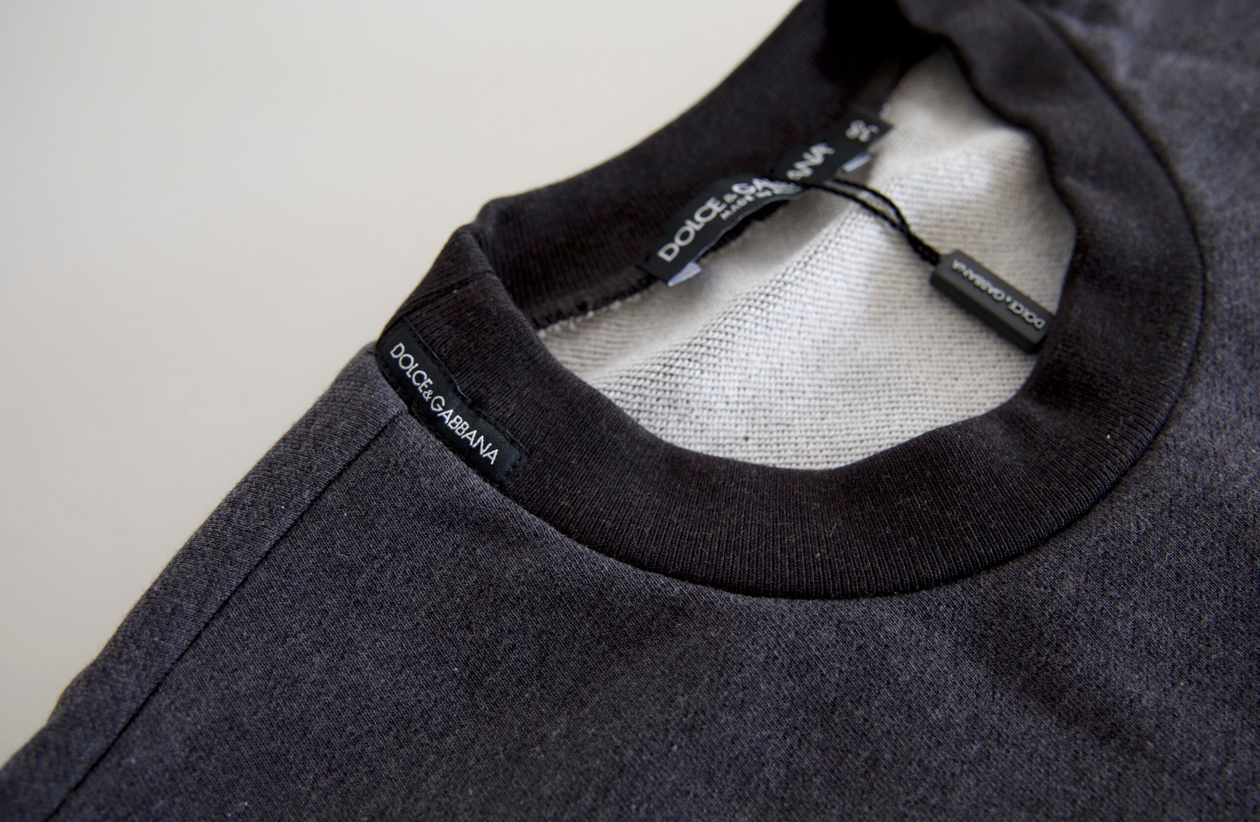 Dark gray cotton crew neck pullover sweater by Dolce & Gabbana, featuring a classic fit and smooth texture.