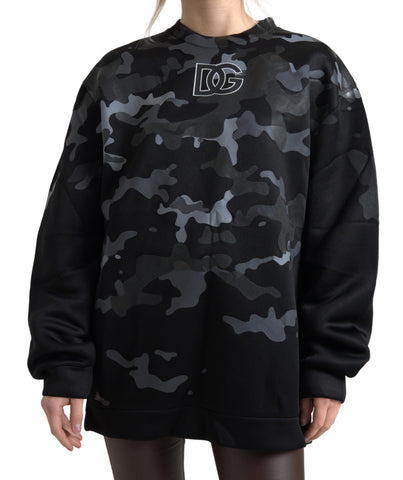 Black camouflage round neck sweatshirt sweater by Dolce & Gabbana, featuring a stylish camo pattern and comfortable fit.