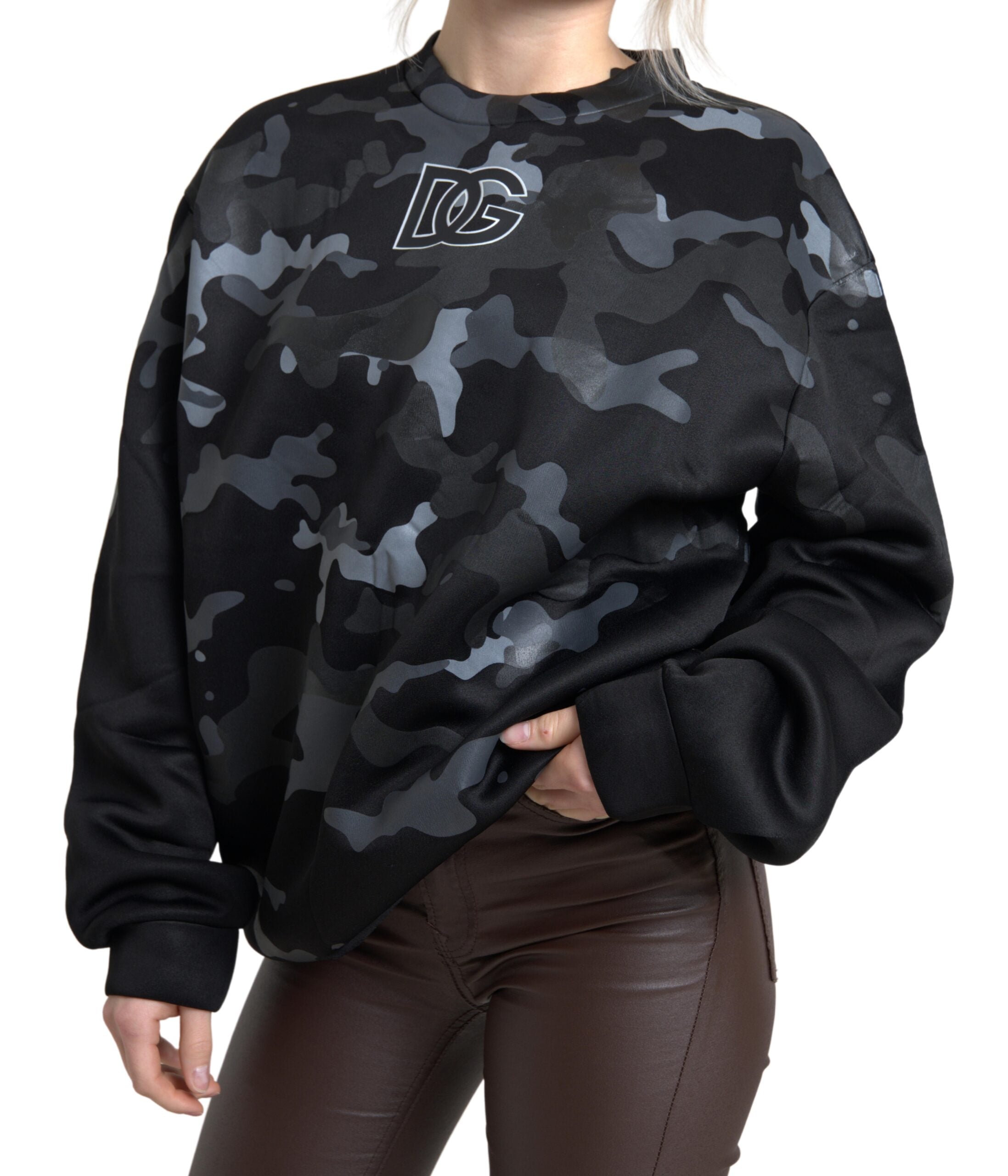 Black camouflage round neck sweatshirt by Dolce & Gabbana showing a close-up of the textured fabric and camouflage pattern.
