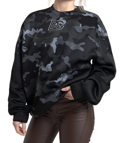 Black camouflage round neck sweatshirt by Dolce & Gabbana showing a close-up of the textured fabric and camouflage pattern.