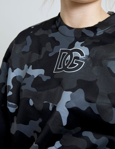 Black camouflage round neck sweatshirt by Dolce & Gabbana, featuring a casual fit and stylish camo pattern.