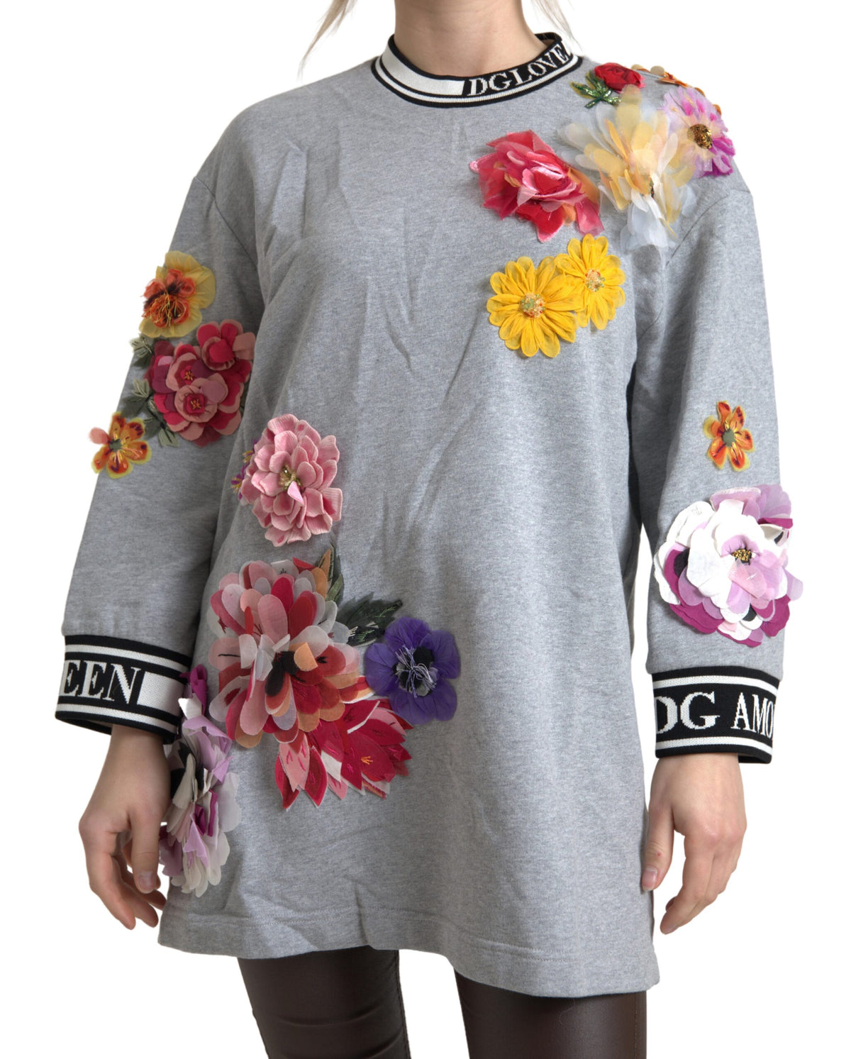 Gray DG Amore Queen floral pullover sweater by Dolce & Gabbana featuring a floral pattern and cozy knit fabric.