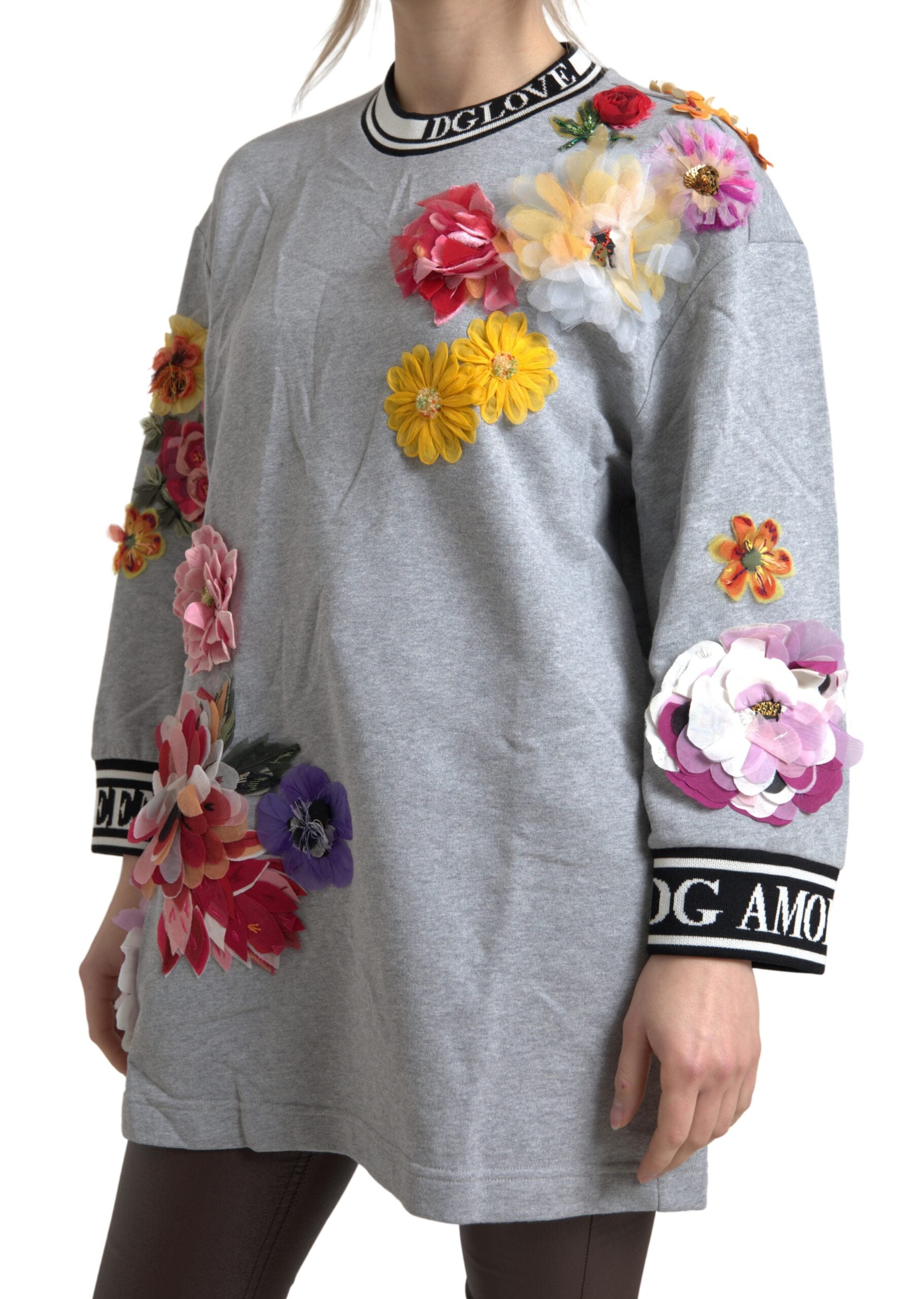 Gray Dolce & Gabbana Amore Queen floral pullover sweater with a soft knit texture and floral design on the front.