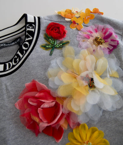 Gray Dolce & Gabbana Amore Queen floral pullover sweater with a floral design, cozy knit, and relaxed fit.