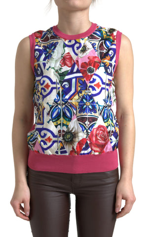 Multicolor floral Majolica print crew neck tank top by Dolce & Gabbana showing vibrant floral design and lightweight fabric.