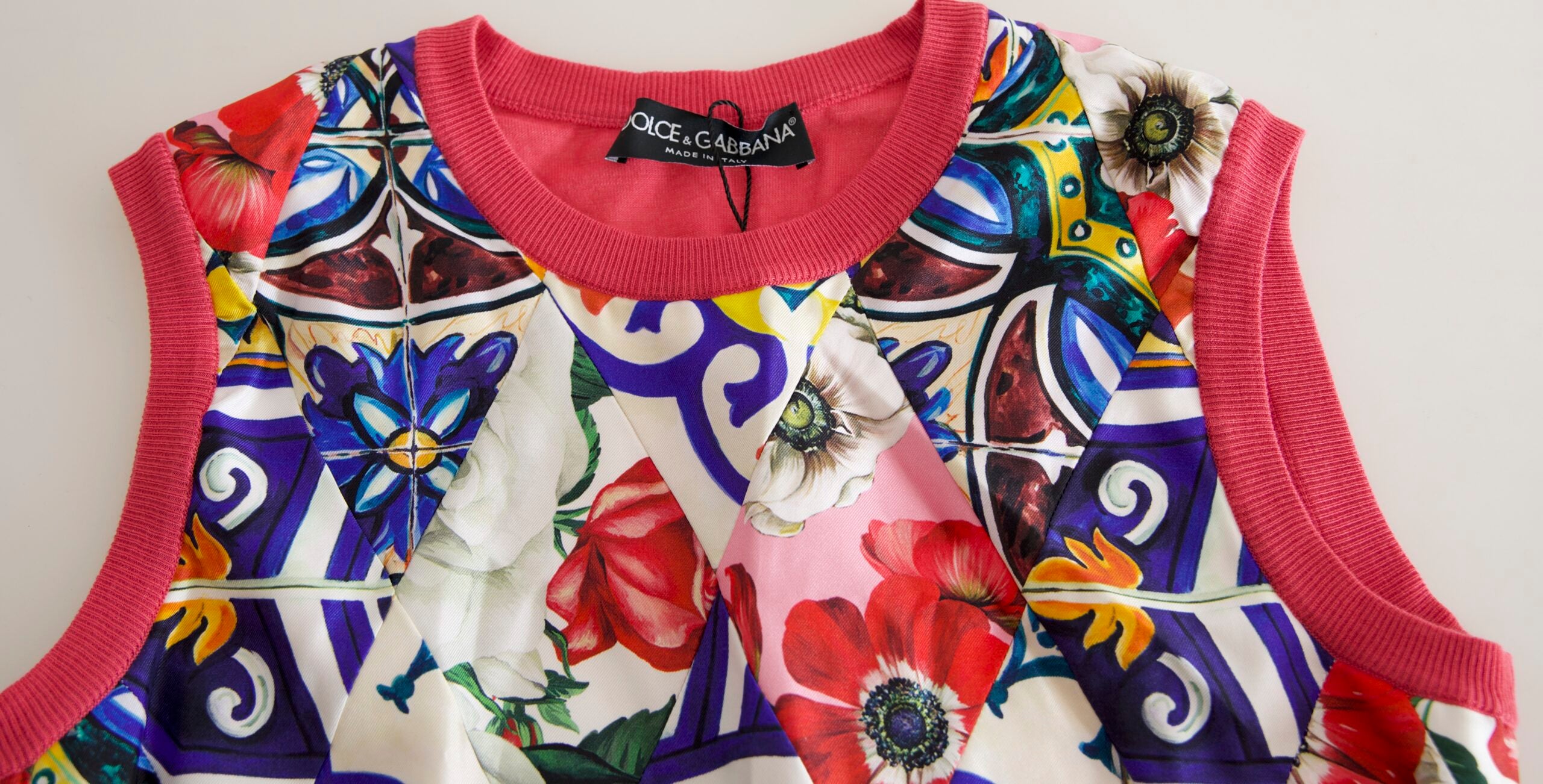 Multicolor floral crew neck tank top by Dolce & Gabbana featuring vibrant majolica pattern and sleeveless design.