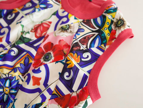 Multicolor floral majolica print Dolce & Gabbana crew neck tank top with vibrant floral pattern and sleeveless design.