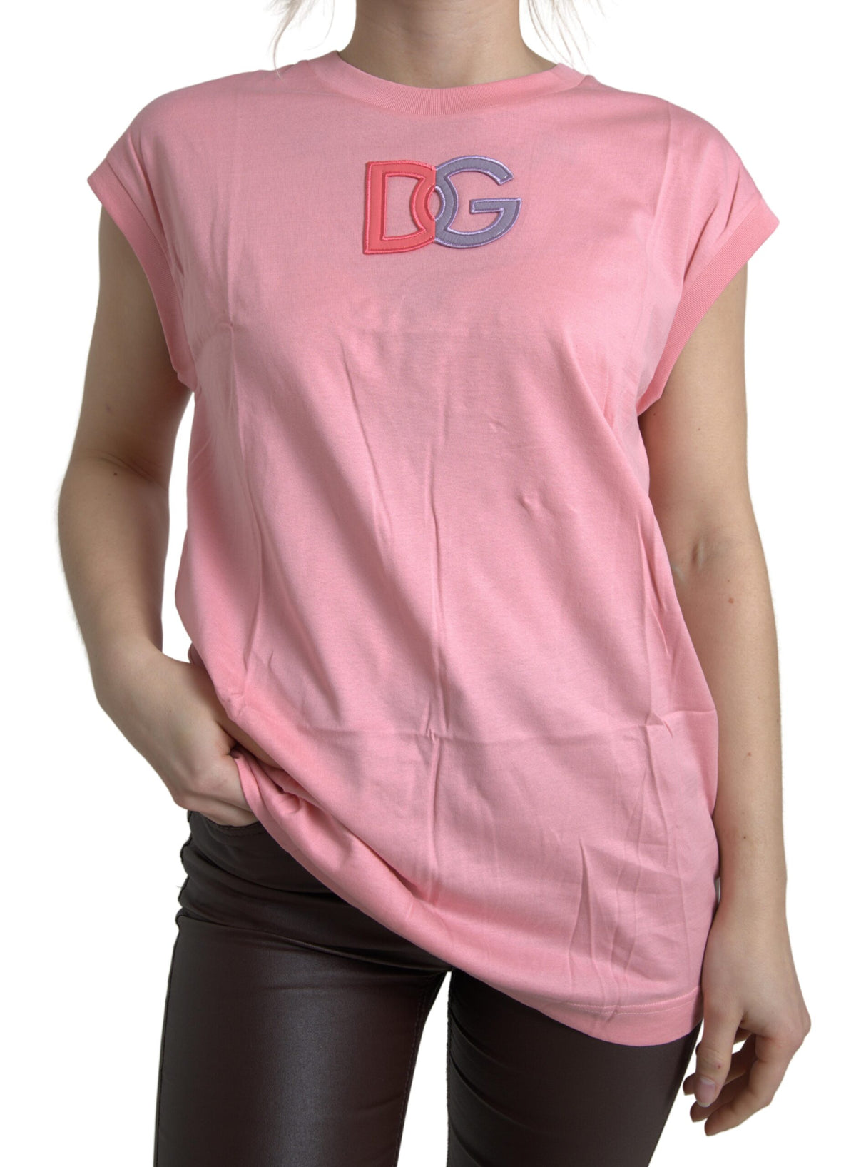 Pink cotton Dolce & Gabbana logo crew neck tank T-shirt with sleeveless design and casual fit.