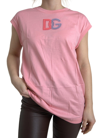 Pink cotton Dolce & Gabbana logo crew neck tank T-shirt with sleeveless design and casual fit.