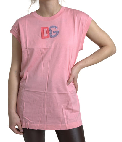 Pink cotton Dolce & Gabbana logo crew neck tank T-shirt with a relaxed fit and sleeveless design.