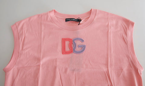 Pink cotton Dolce & Gabbana logo crew neck tank T-shirt, casual sleeveless top with DG branding and comfortable fit.