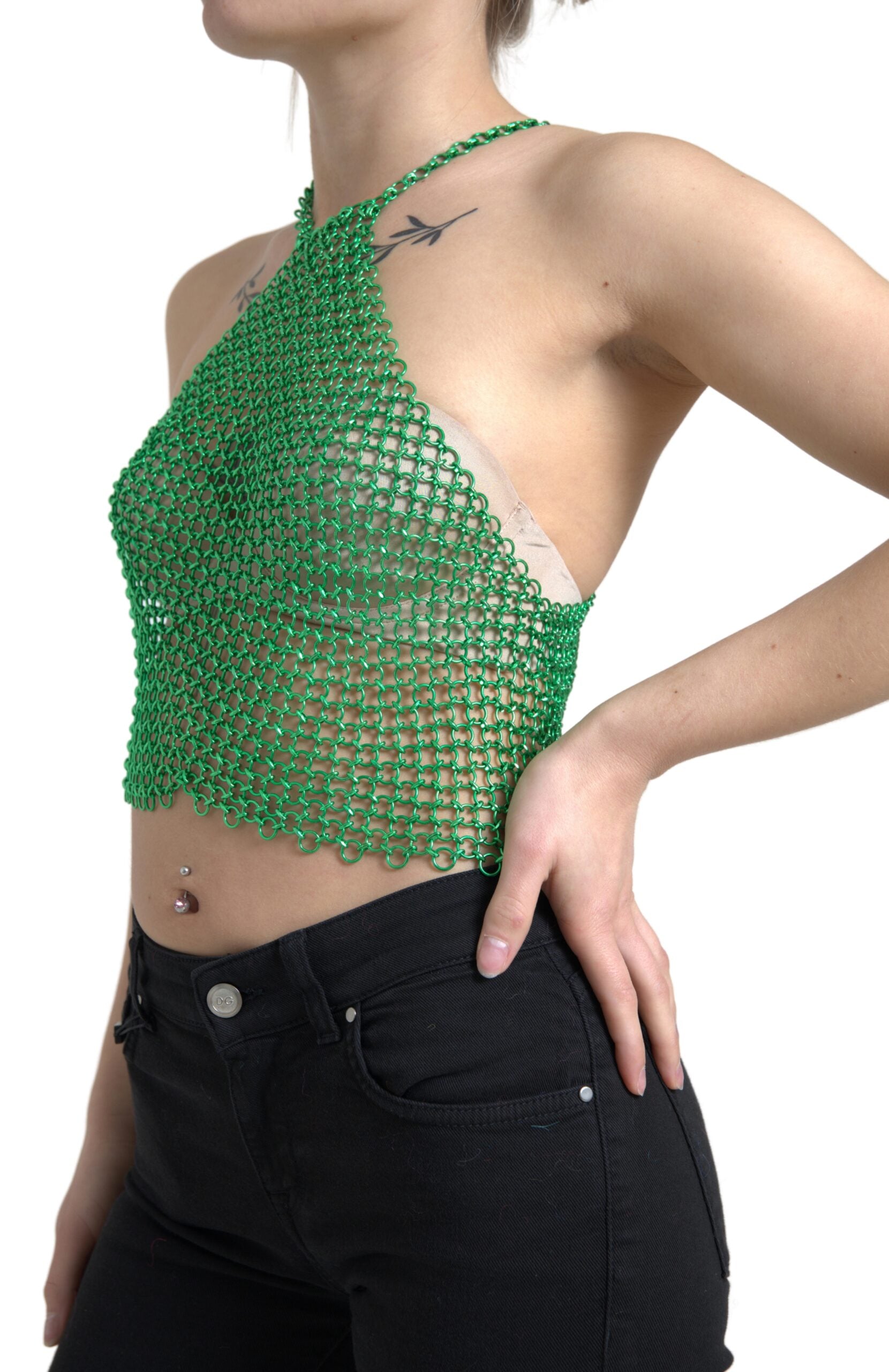 Green aluminum sleeveless halter cropped tank top by Dolce & Gabbana, shown with a fitted halter neckline and cropped length.