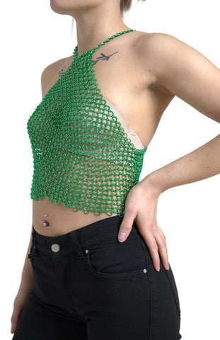 Green aluminum sleeveless halter cropped tank top by Dolce & Gabbana, shown with a fitted halter neckline and cropped length.