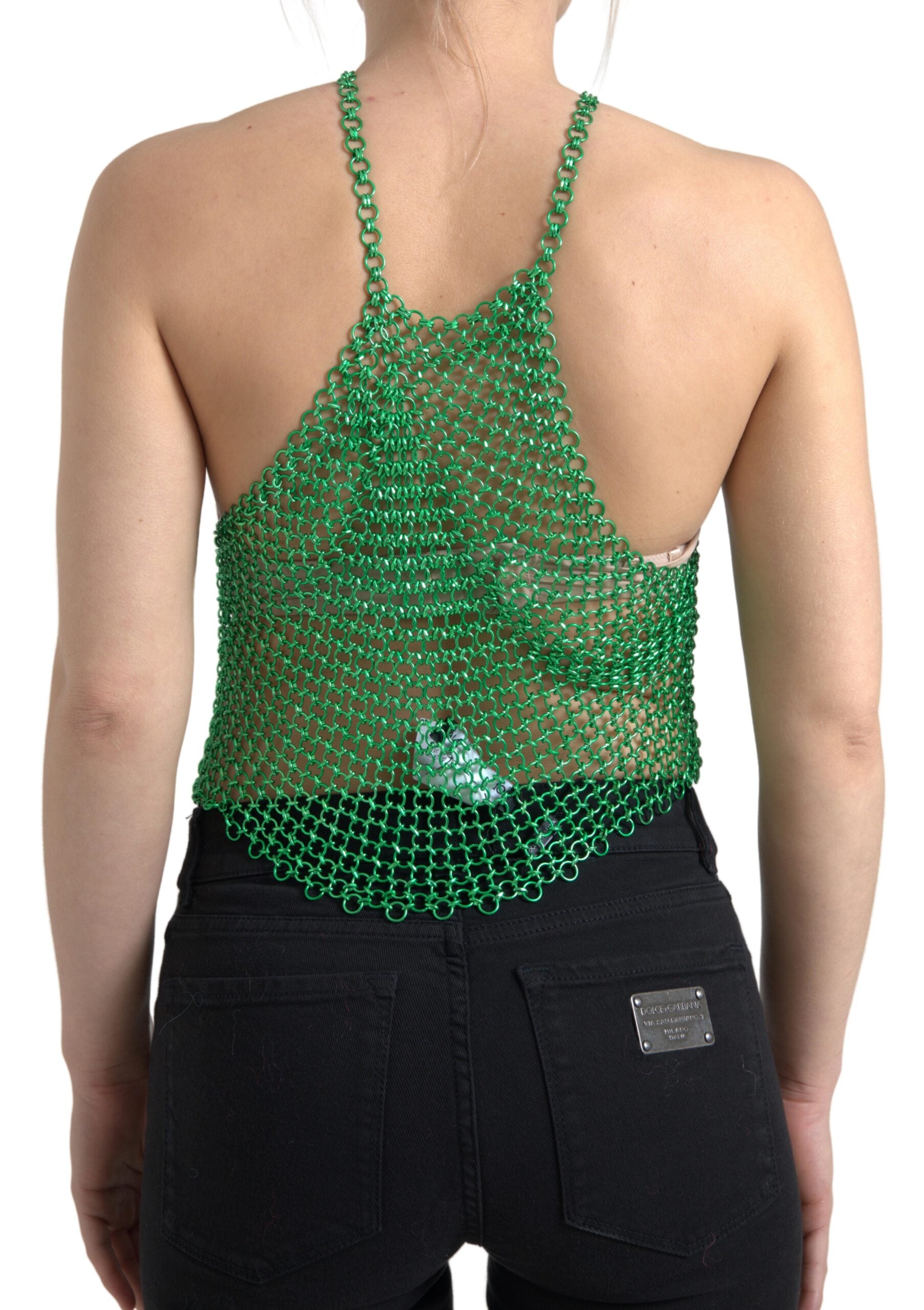 Green aluminum sleeveless halter cropped tank top by Dolce & Gabbana with a fitted design and halter neckline.