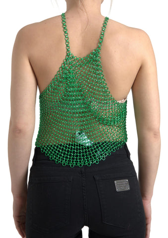 Green aluminum sleeveless halter cropped tank top by Dolce & Gabbana with a fitted design and halter neckline.