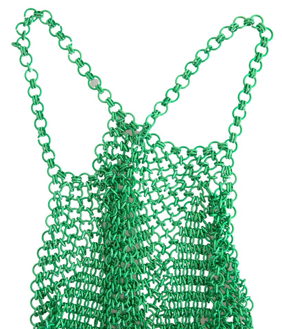 Green aluminum sleeveless halter cropped tank top by Dolce & Gabbana, showing its fitted design and sleek fabric texture.