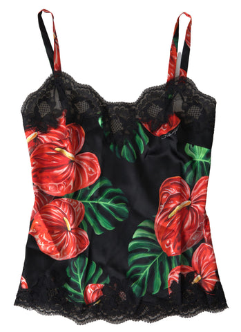Black silk camisole top with an anthurium print by Dolce & Gabbana, featuring a sleek, elegant design and delicate straps.