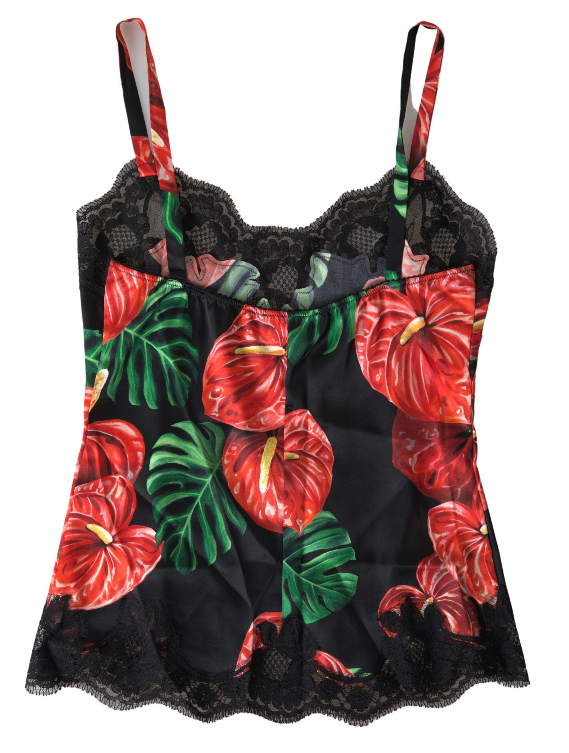 Black silk camisole top with an anthurium print, stylish and elegant undergarment by Dolce & Gabbana.