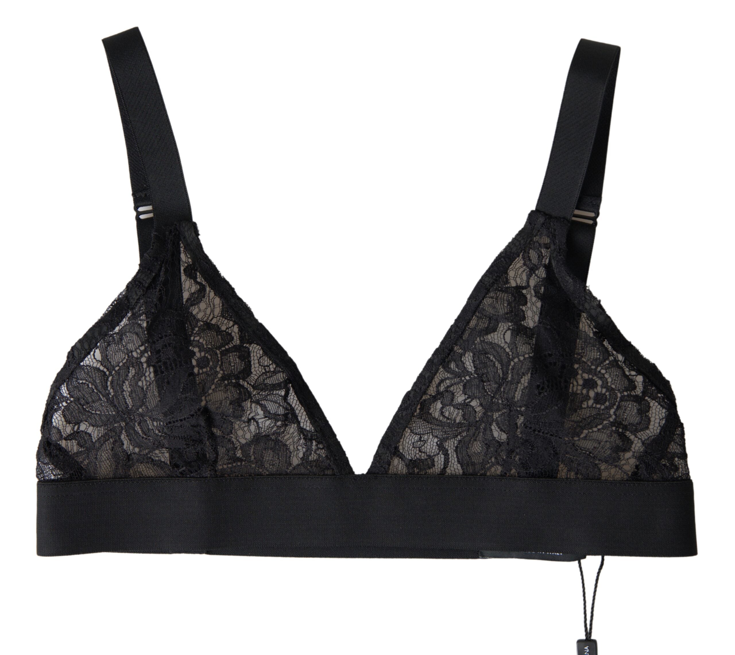 Black floral lace nylon stretch bra underwear with delicate detailing from Dolce & Gabbana, showcasing intricate floral lace design.