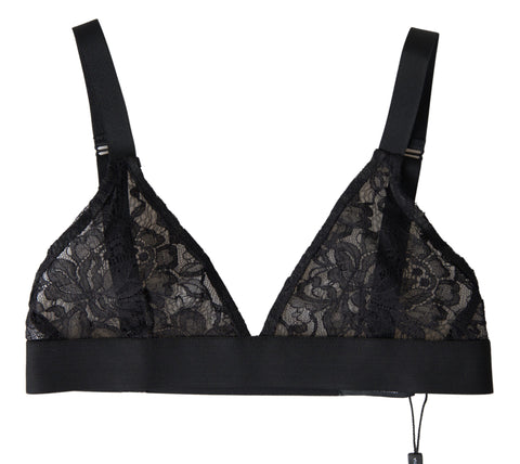 Black floral lace nylon stretch bra underwear with delicate detailing from Dolce & Gabbana, showcasing intricate floral lace design.