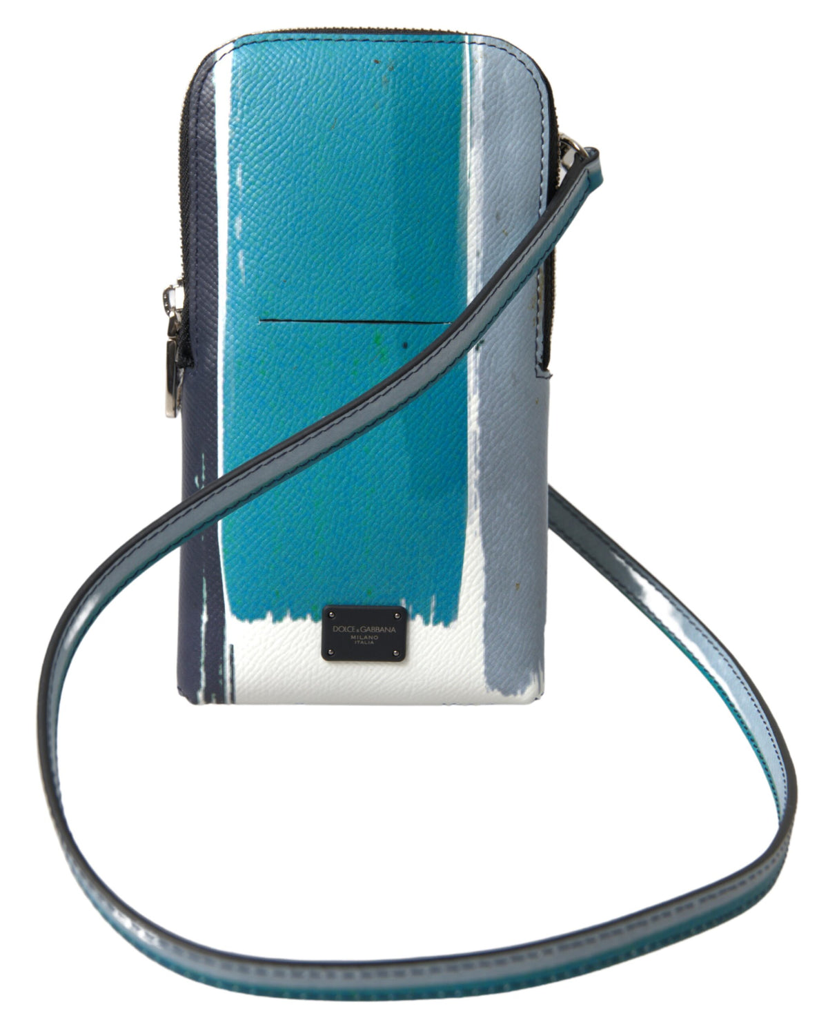 Blue leather Dolce & Gabbana unisex crossbody sling purse with phone pocket, stylish and compact accessory.