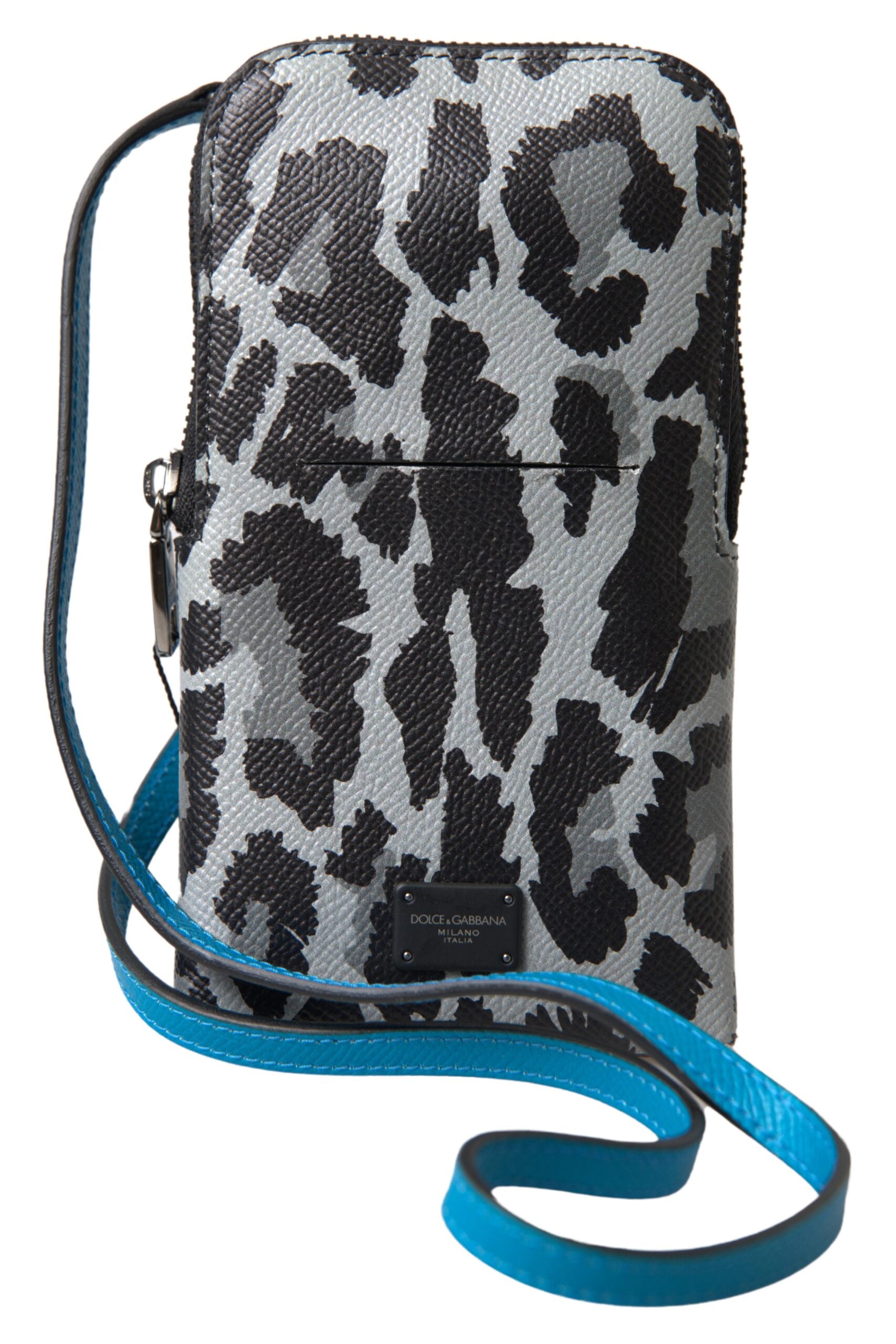 Gray leopard leather men's Dolce & Gabbana crossbody sling phone bag with adjustable strap and compact design.