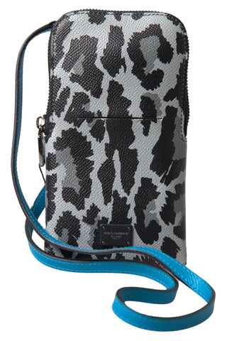 Gray leopard leather men's Dolce & Gabbana crossbody sling phone bag with adjustable strap and compact design.