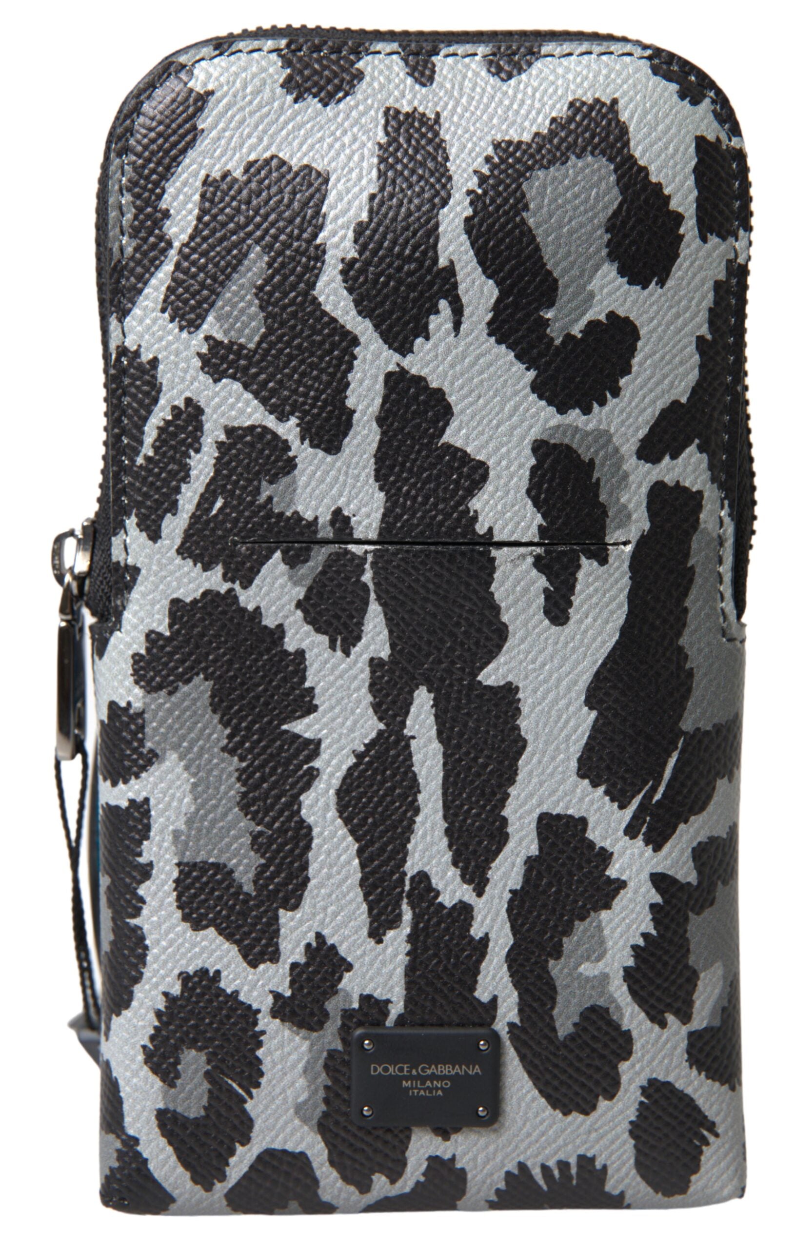 Gray leopard leather Dolce & Gabbana men's crossbody purse with a slim design and phone pocket, stylish and functional accessory