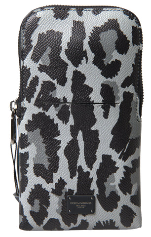 Gray leopard leather Dolce & Gabbana men's crossbody purse with a slim design and phone pocket, stylish and functional accessory