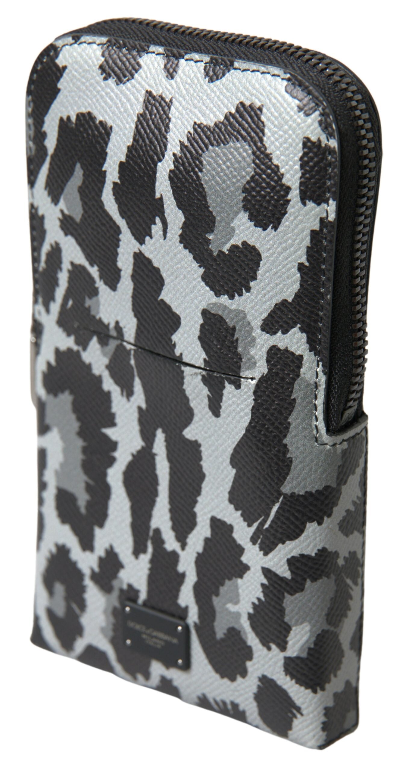 Gray leather men's purse by Dolce & Gabbana featuring leopard print, crossbody sling design with a phone compartment.