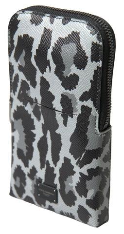 Gray leather men's purse by Dolce & Gabbana featuring leopard print, crossbody sling design with a phone compartment.