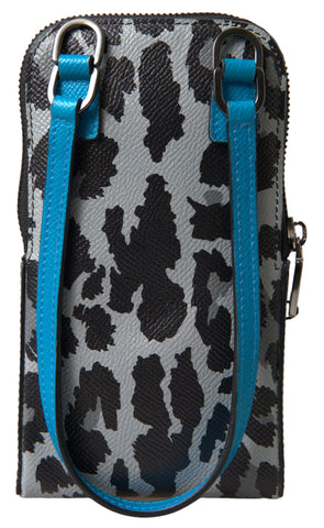 Gray leopard leather Dolce & Gabbana men's crossbody purse with a slim phone bag design and adjustable strap.