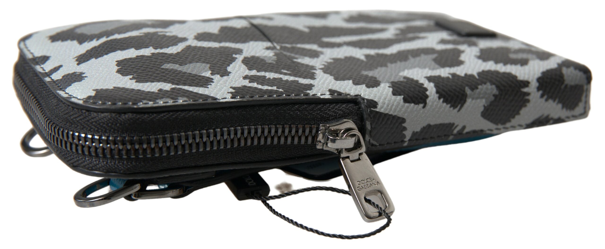 Gray leopard leather men's crossbody purse with phone pocket, branded Dolce & Gabbana sling bag, stylish and functional.